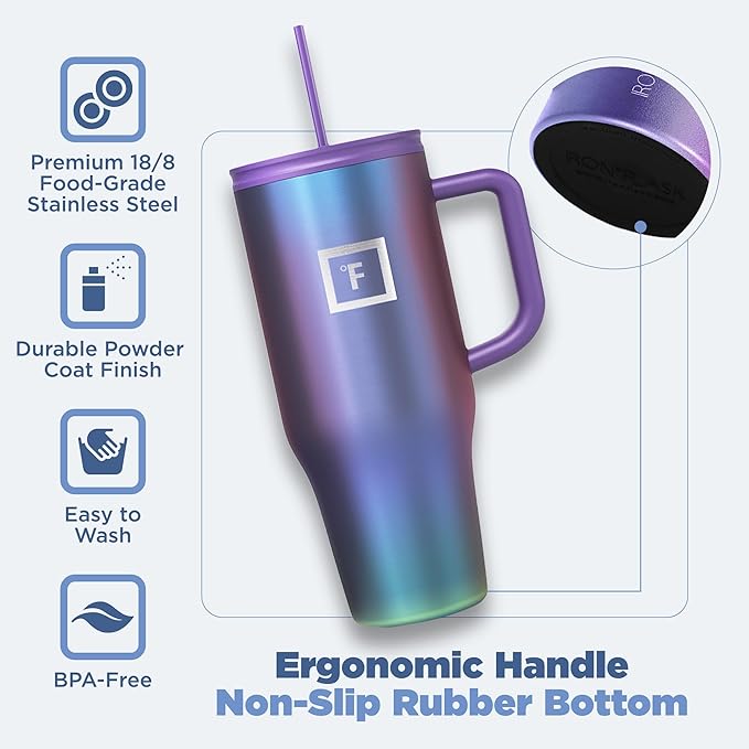 IRON °FLASK Co-Pilot Insulated Mug w/Straw & Flip Cap Lids - Cup Holder Bottle for Hot, Cold Drink - Leak-Proof - Water, Coffee Portable Travel Mug - Dark Night, 32 Oz