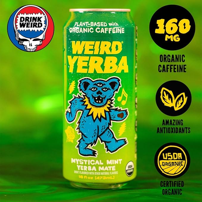 Drink Weird Organic Mystical Mint Yerba Mate – 16oz Cans, 160mg Organic Caffeine, Pack of 12 – Grateful Dead Collab, Clean Energy Drink Alternative