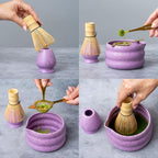 Premium 9 Piece Matcha Set Includes Ceramic Matcha Bowl, Bamboo Whisk & Holder, Stainless Steel Spoon & Sifter, Glass Cup & Straw, Electric Frother, Storage Bag - Gift for Matcha Lovers (Purple)