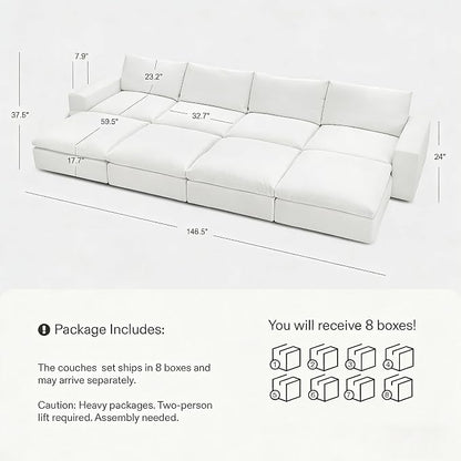 Cloud Couch Sectional 146.5'' Oversized Modular Deep Seat Sofa Bed Comfy White - Image 2