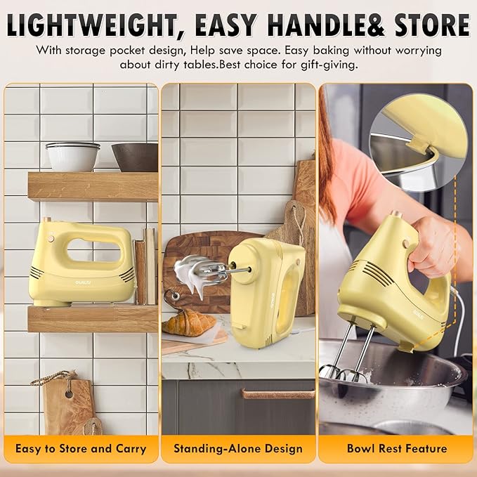 Electric Hand Mixer with Stainless Steel Whisk, Dough Hook Attachment and Storage Bag, Handheld Mixer for Baking Cakes, Eggs, Cream Food Mixers. Turbo Boost /5 Speed Kitchen Blender YELLOW