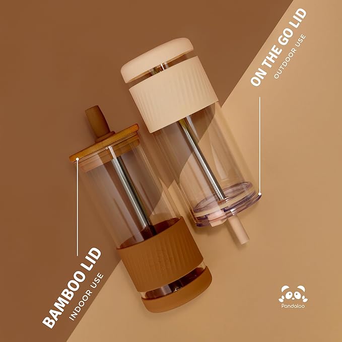 Pandaloo® Glass Cups With Lids and Straws -20 Fl Oz- Perfect Size Iced Coffee Cup - Smoothie Cup With Bamboo Lid and On the go Lid - Glass Tumbler With Straw (1 Count (Pack of 1), Amber Sand)