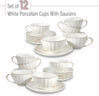BTaT- White Tea Cups and Saucers Set of 12 (7 oz), Porcelain White Tea Cup Set of 12 with Golden Trim Design, Dishwasher Safe