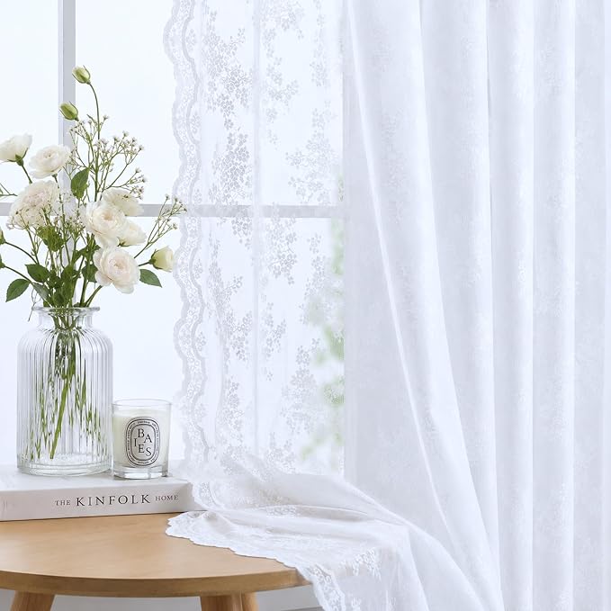 YJ YANJUN Vintage Lace Curtains 84 Inches Long Brilliant White 2 Panels | - Image 2
