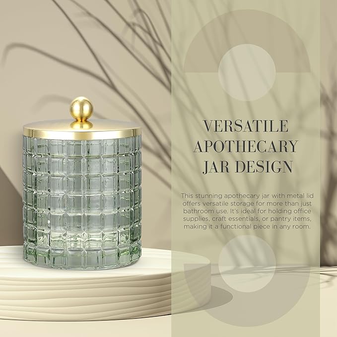 Glass Jar with Metal Lid for Bathroom Organization, Clear Apothecary Jar for Cotton Balls, Q Tips, and Small Accessories, Stylish Bathroom Storage Container Sage Green, Gold