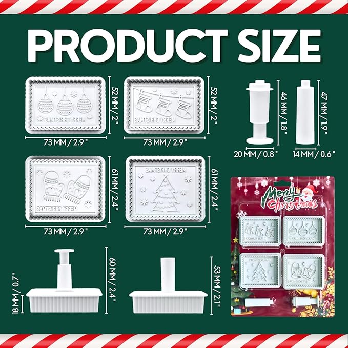 Christmas Cookie Cutters, 4-Piece 3D MERRY CHRISTMAS Plastic Cookie Stamp Set, Comes with Merry Christmas in English, Perfect for Christmas cookie baking and parties