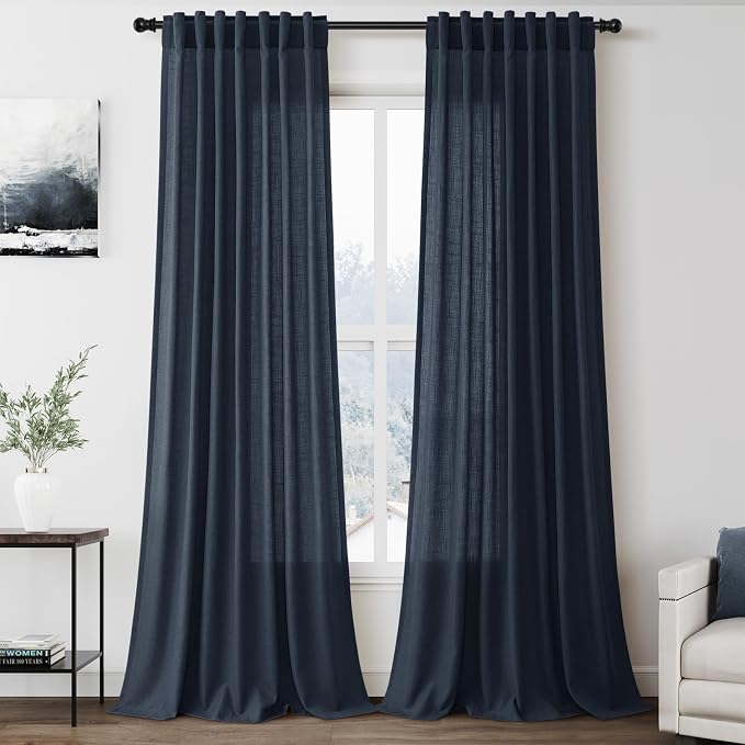 Vintage Blue Linen Curtains 102 Inches Long Rod Pocket Back Tab Drapes 2 Panels by Nanspring
