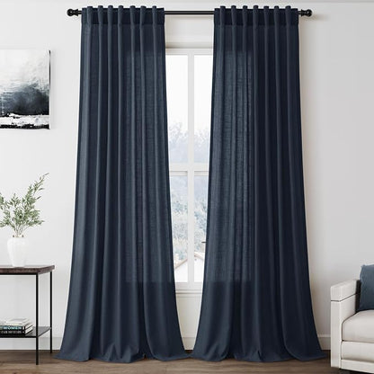 Vintage Blue Linen Curtains 102 Inches Long Rod Pocket Back Tab Drapes 2 Panels by Nanspring