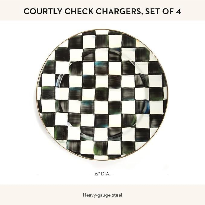 MACKENZIE-CHILDS Enamel Charger Plate, Charger Decoration for Dinner Plates or Home Decor, 12 Inches, Black-and-White Courtly Check, Set of 4