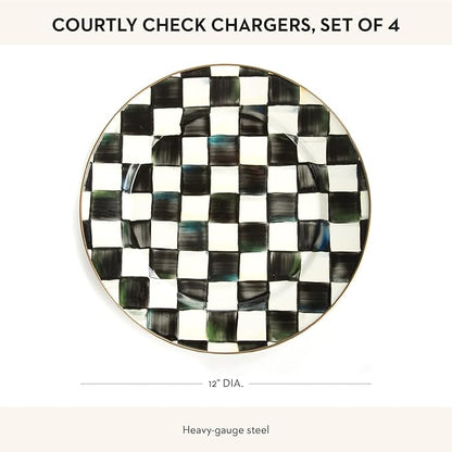 MACKENZIE-CHILDS Enamel Charger Plate, Charger Decoration for Dinner Plates or Home Decor, 12 Inches, Black-and-White Courtly Check, Set of 4