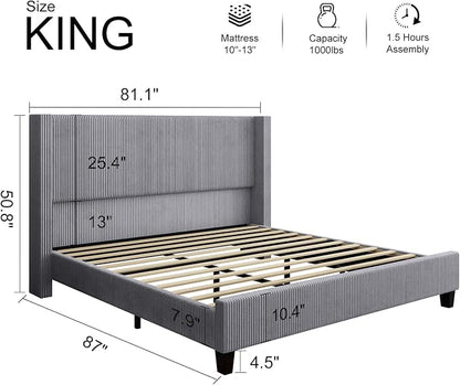 HOWE King Size Bed Frame with 50.8" Tall Wingback Headboard, Modern Corduroy - Image 2