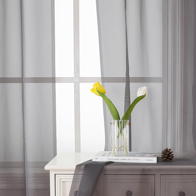Grey Sheer Curtains 63 Inch Long 2 Panels, Elegant Voile Drapes - Image 9