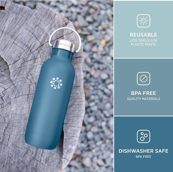 Lifefactory 20-Ounce Stainless Steel Vacuum-Insulated Sport Bottle, Dark Denim