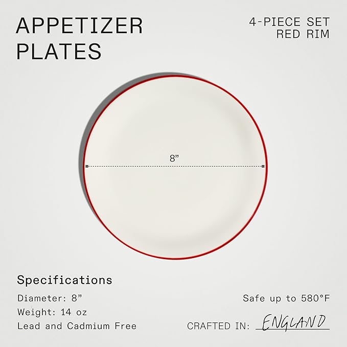 Made In Cookware - Set of 4 - Appetizer Plates - White With Red Rim - Porcelain England