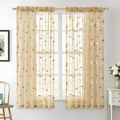 MIULEE Khaki Sheer Curtains 2 Panels Embroidered Leaf Patterned, W52 x L54 | by MIULEE