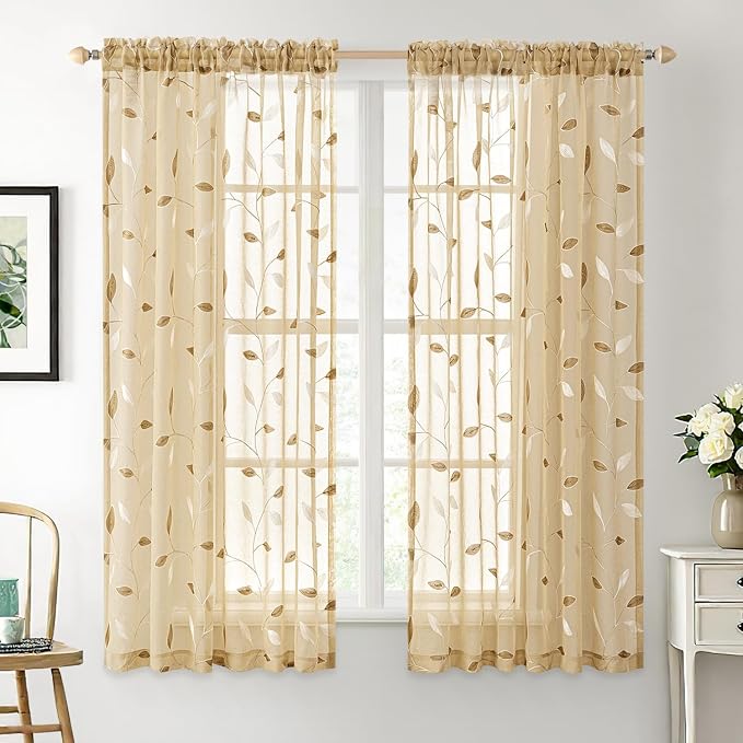 MIULEE Khaki Sheer Curtains 2 Panels Embroidered Leaf Patterned, W52 x L63 | - Image 2