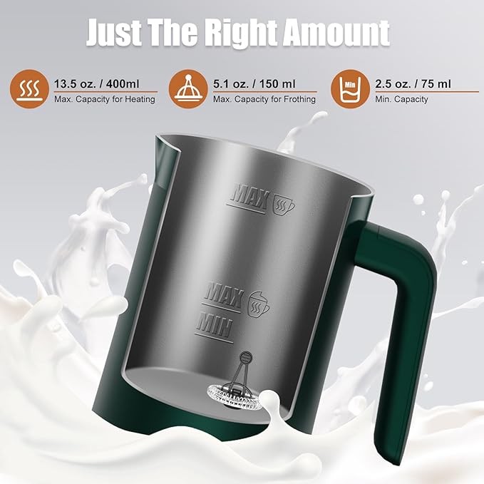 Milk Frother, 4-in-1 Milk Frother and Steamer, 13.5oz/400ml Automatic Hot and Cold Foam Maker and Milk Warmer, Electric Frother for Coffee, Latte, Cappuccino, Macchiato, Matcha(Forest Green)