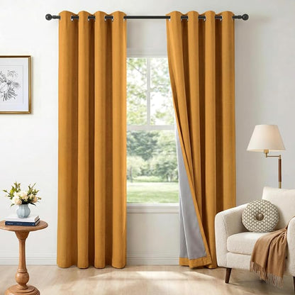 100% Blackout Linen Textured Curtains 84 Inch Long, Mustard Yellow | 100% by 100BlackoutShield