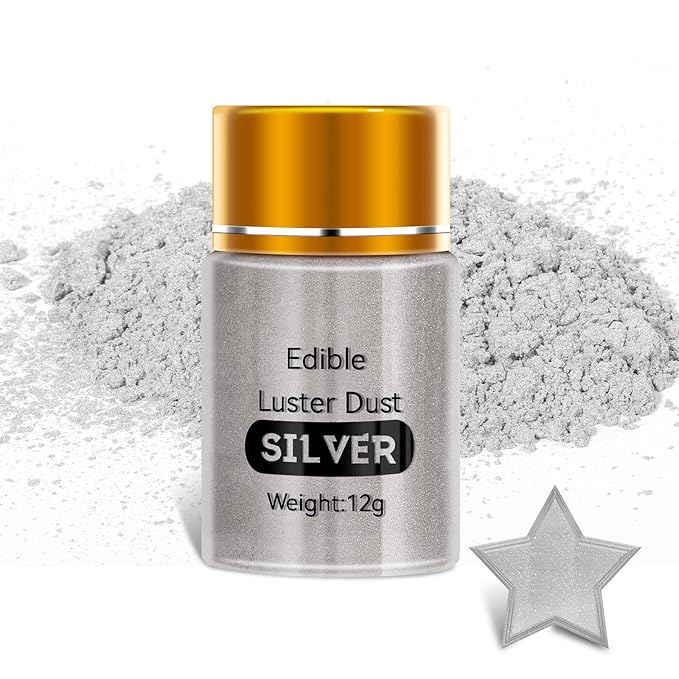 PAVADOR Edible Luster Dust,Silver Luster Dust 12g Food Grade Metallic Shimmer,Edible Glitter for Desserts Cake Decorating, Baking, Fondant, Chocolate, Candy, Drinks, Cookies, Vegan