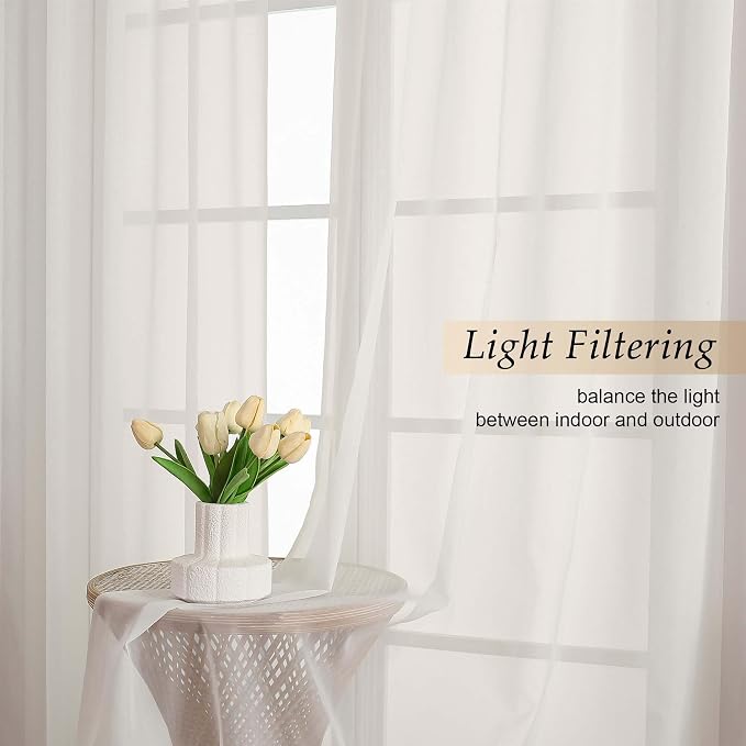 Ivory Sheer Curtains for Bedroom Living Room 96 Inches Long 2 Panels, Modern - Image 2