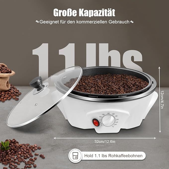 Coffee Roaster Machine for Home Use, 800W Tostadora De Cafe Coffee Bean Roaster Adjustable Temperature with Stir Bar And Glass Cover for Beans, Red Beans, Nuts