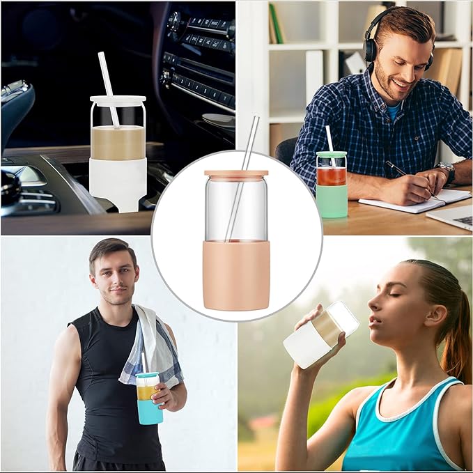 Sunseeke Glass Tumbler with Straw and Lid, 16oz Ice Coffee Cup, Silicone Sleeve Cleaning Brushes, Drinking Glasses for Water, Iced Coffee, Smoothie - BPA Free (Sandy Beige)