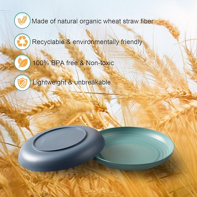 12 Pcs Unbreakable Deep Dinner Plates Set, 9 inch Reusable Plastic Wheat Straw Plates, Microwave and Dishwasher Safe Plate for Kitchen, Lightweight Plate for Dessert, BPA Free, 6 Colors