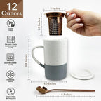 Mora Ceramics Tea Cup with Loose Leaf Infuser, Spoon and Lid, 12 oz, Microwave and Dishwasher Safe Coffee Mug - Rustic Matte Ceramic Glaze, Modern Herbal Tea Strainer - Great Gift for Women, Flint