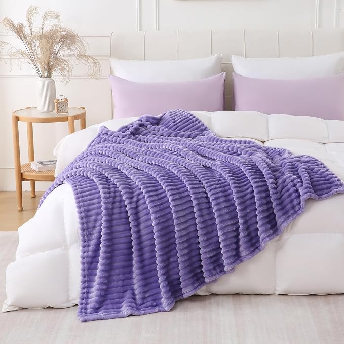 Lavender Throw Blanket for Couch Sofa 108x90 inches Striped Design | Fleece - Image 2