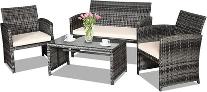 Goplus 4-Piece Rattan Patio Furniture Set, Outdoor Wicker Conversation Sofa by Goplus