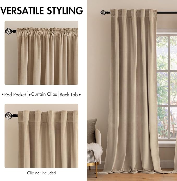 MIULEE Velvet Curtains 52x63 inches 2 Panels Camel Beige Blackout Curtains | - Image 2