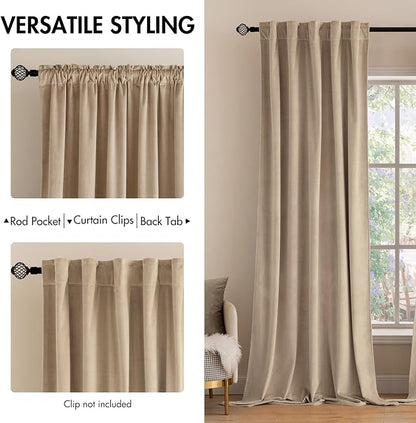 MIULEE Velvet Curtains 52x63 inches 2 Panels Camel Beige Blackout Curtains | - Image 2