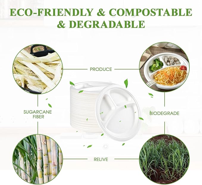 Vplus 100% Compostable Paper Plates, 600 Pack 9 Inch 3 Compartment Plates Disposable, Heavy Duty Biodegradable, Made of Sugar Cane Fibers, for Daily meals, Dinner, Parties, BBQ