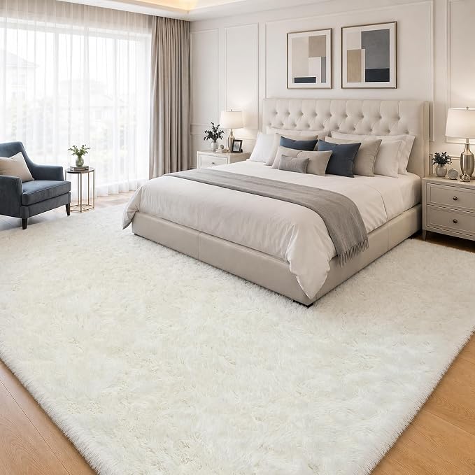 PLHXFR 9x12 Area Rugs Living Room: Fluffy Bedroom Rug Shag Carpet White | - Image 2