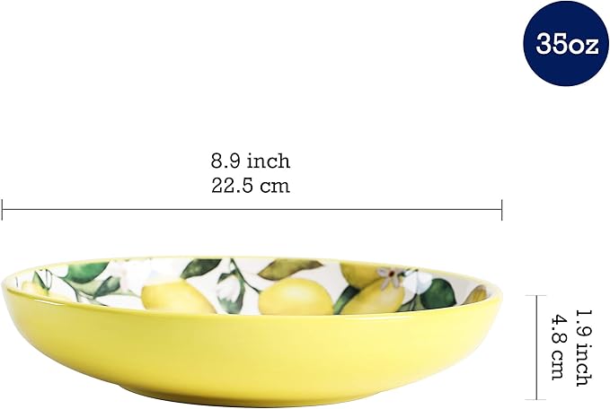 Bico Lemon Dreams Pasta Bowls, 35oz Salad Bowl Set of 4, Large Ceramic Serving Dinner Bowls for Soup and Cereal, Microwave and Dishwasher Safe, Gift for Housewarming and Thanksgiving