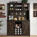 4ever2buy 72" Farmhouse Coffee Bar Cabinet with 2 Glass Doors & 9 Wine Racks, Tall Hutch Cabinet with Storage, Wine Bar with 4 Row Metal Glass Holder, Dark Oak