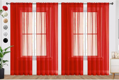 SpaceDresser Sheer Red Curtains 4 Panels Rod Pocket Semi-Sheer Curtain 84 by SpaceDresser