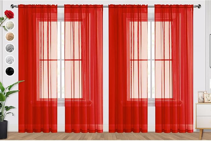 SpaceDresser Sheer Red Curtains 4 Panels Rod Pocket Semi-Sheer Curtain 45 by SpaceDresser