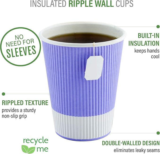 Restaurantware-12 Ounce Disposable Coffee Cups, 500 Ripple Wall Hot Cups For Coffee - Lids Sold Separately, Rolled Rim, Light Purple Paper Insulated Coffee Cups, For Hot Coffee, Tea, And More