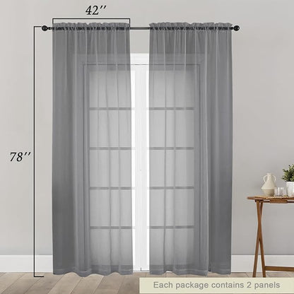 Grey Sheer Curtain for Bedroom Living Room 78 Inches Long 2 Panels Set - Image 2
