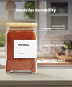 Glass Square Spice Jars with Labels, 4oz Glass Jars with Bamboo Lids, Spice Bottles, Seasoning Organizer, 12 Pack (White)