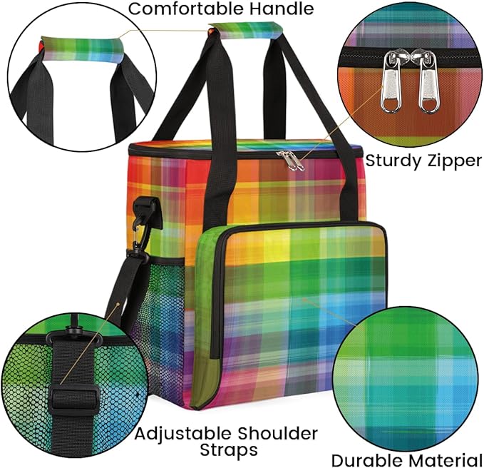 Colorful Rainbow Plaid Coffee Maker Carrying Bag, Coffee Machine Travel Storage Tote Bag Compatible with K-Mini or K-Mini Plus, Portable Single Serve Coffee Brewer Case with Pockets, for K-Cup Pods