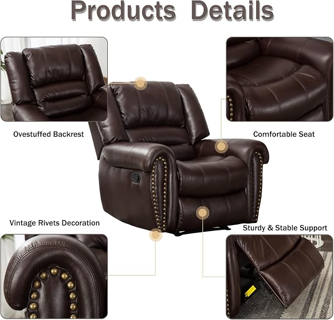 CANMOV Leather Recliner Chair, Classic and Traditional Manual Recliner Chair - Image 4