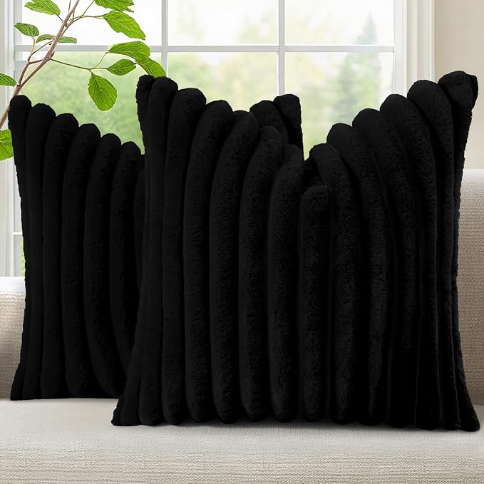 decorUhome Fall Faux Fur Throw Pillow Covers 20x20 Set of 2 Black | Decorative by decorUhome