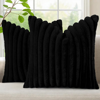 decorUhome Fall Faux Fur Throw Pillow Covers 22x22 Set of 2 Black | Decorative by decorUhome