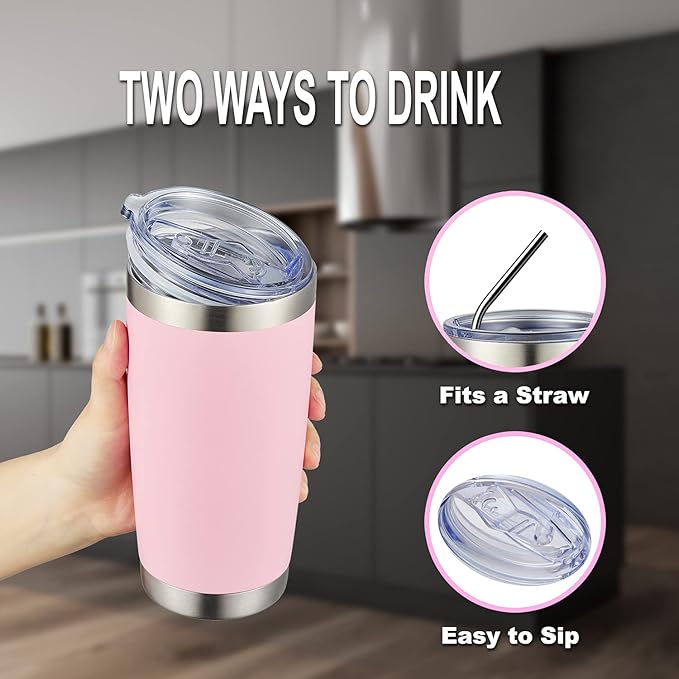 COMOOO 20oz Double Wall Vacuum Insulated Travel Mug, Stainless Steel Tumbler with Lid, Durable Powder Coated Insulated Coffee Cup for Cold & Hot Drinks (Pink, 6 Pack)