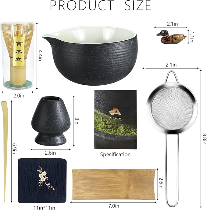 Artcome Bluestone Glaze Matcha Kit for Japanese Tea Ceremony, Bowl with Pouring Spout, Whisk, Tea Scoop, Matcha Powder Strainer, Matcha Tea Set For Making Usucha, Koicha and Matcha Latte (8 PCS)