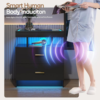 LED Nightstand Set 2 with Wireless Charging Station, Glass Top Smart Bedside - Image 6