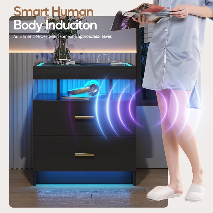 LED Nightstand with Wireless Charging Station, Glass Top Smart Bedside Table - Image 5