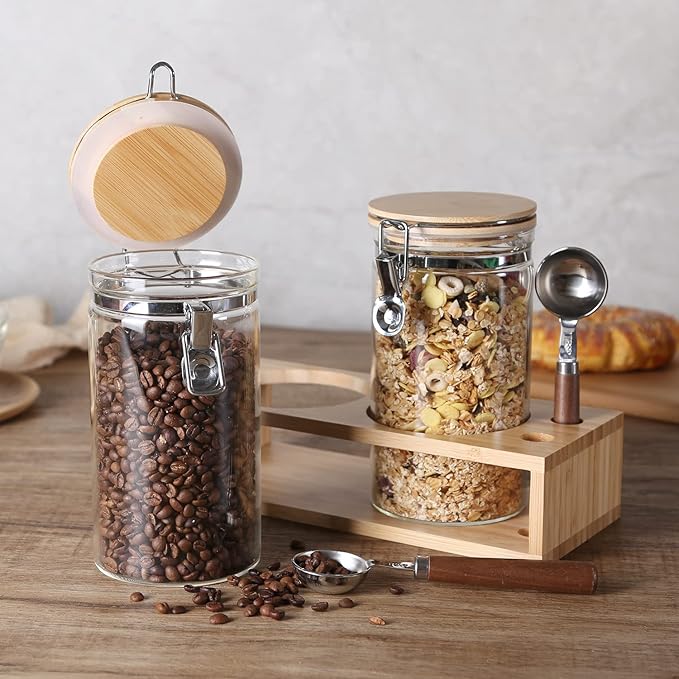 KKC Glass Coffee and Sugar Containers with Airtight Hinged Lids,Sealed Glass Jar Canisters with Scoops for Ground Coffee,Beans,Loose Leaf Tea,Nuts,Matcha,40 Fl oz